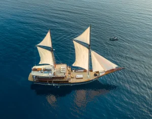 Aerial view of Celestia’s spacious sundeck with loungers and shade canopy in Komodo National Park.